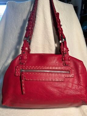 Francesco Biasia Red Leather Shoulder Bag with Front Zip Detail & bold stitching